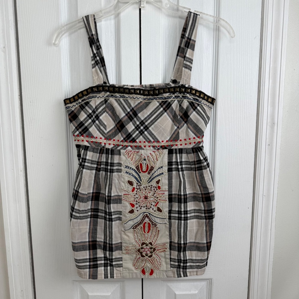 Fossil Plaid Embroidered Tank Top Womens Small Studded Boho Cotton Tan Black